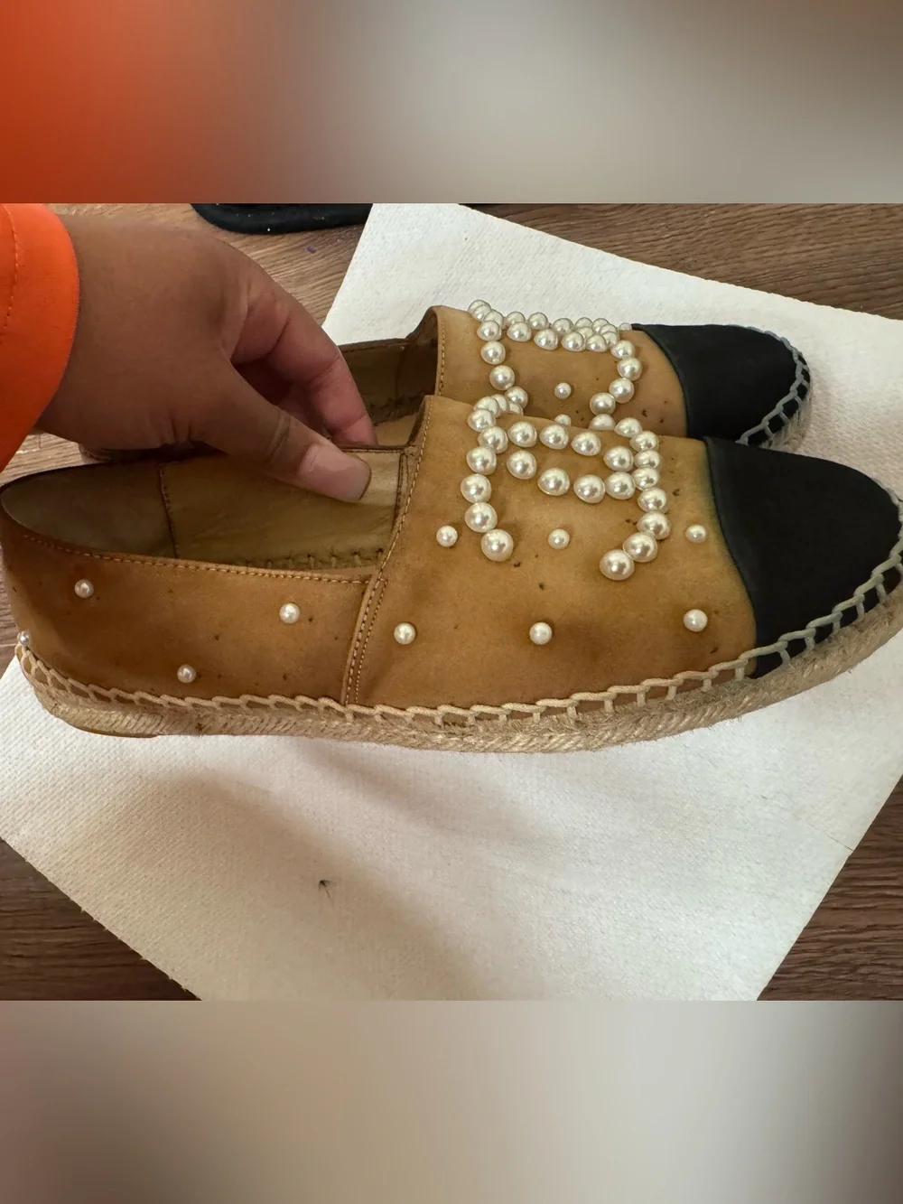 AUTHENTIC CHANEL Tan Suede Pearl-Embellished Flats